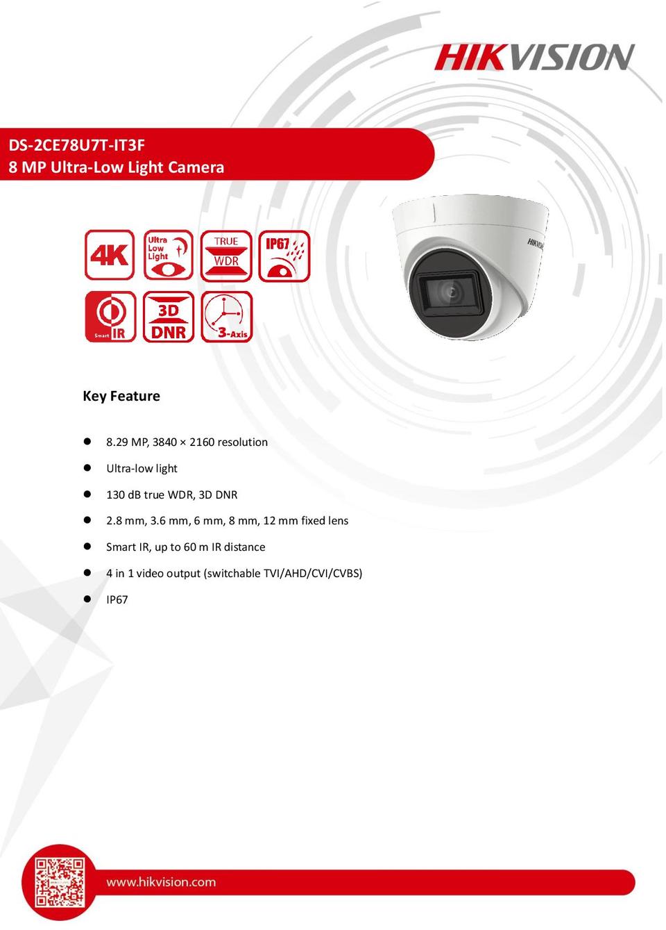 Hikvision DS-2CE78U7T-IT3F 4K 8MP HD-TVI Turret Camera With IR & 2.8mm Lens 0